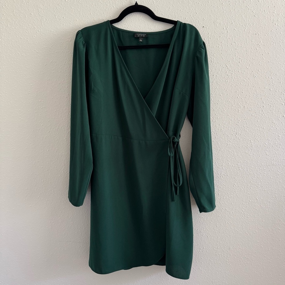Topshop Wrap Front Long Sleeve Green Mini Dress Size 12